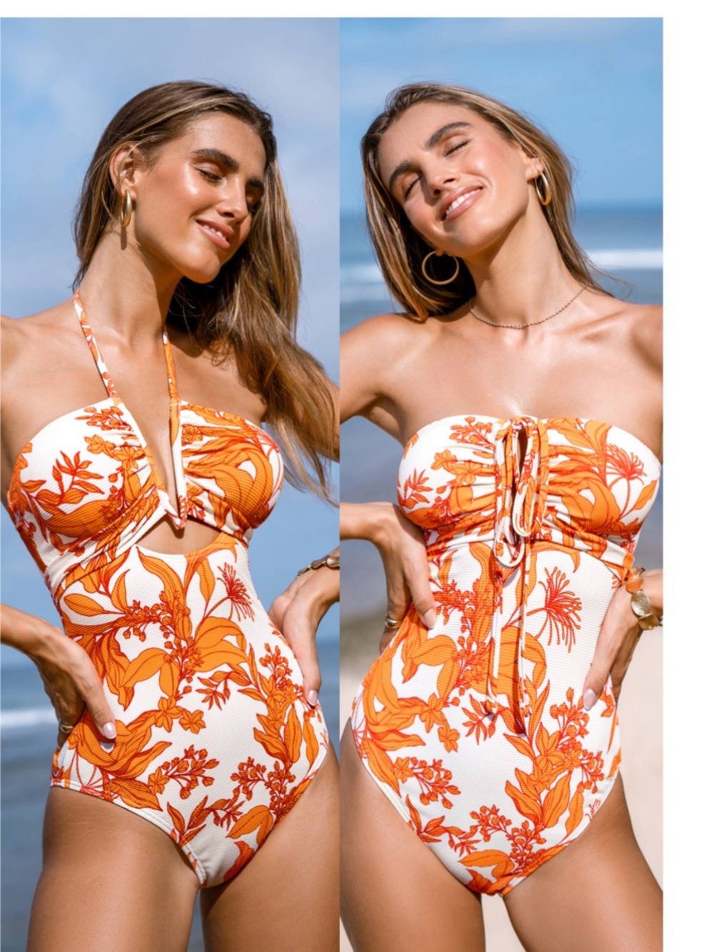 White & Orange Floral One-Piece Swimsuit for Women MEDIUM